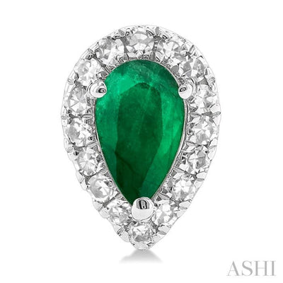 1/8 ctw Round Cut Diamond and 5X3MM Pear Cut Emerald Halo Precious Stud Earrings in 10K White Gold