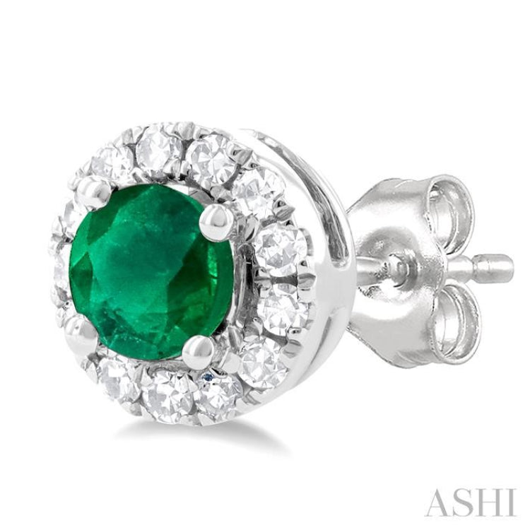 1/10 ctw Round Cut Diamond and 3.25MM Round Cut Emerald Halo Precious Stud Earrings in 10K White Gold