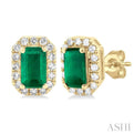 1/8 ctw Round Cut Diamond and 5X3MM Octagonal Shape Emerald Halo Precious Stud Earrings in 10K Yellow Gold