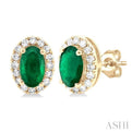 1/8 ctw Round Cut Diamond and 5X3MM Oval Shape Emerald Halo Precious Stud Earrings in 10K Yellow Gold