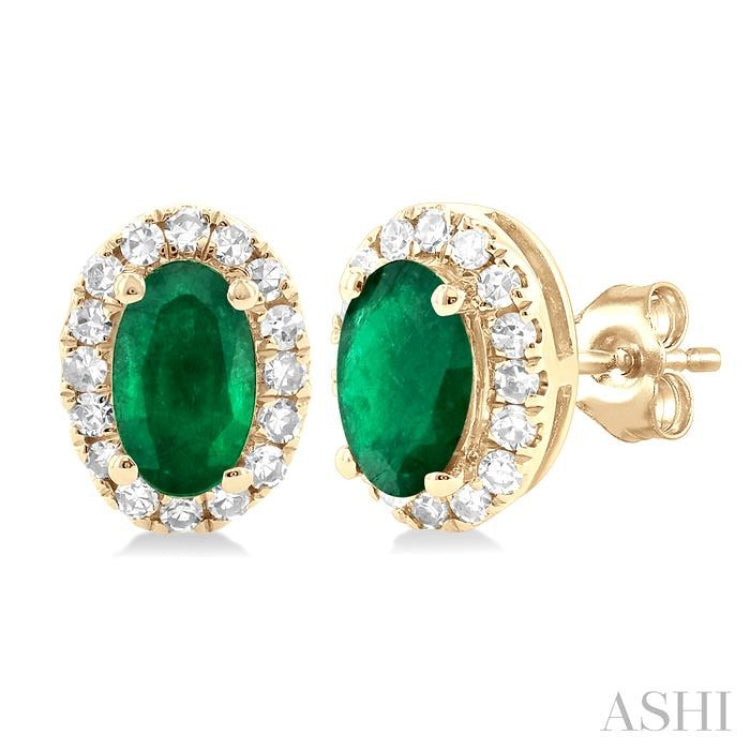 1/8 ctw Round Cut Diamond and 5X3MM Oval Shape Emerald Halo Precious Stud Earrings in 10K Yellow Gold