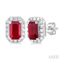 1/8 ctw Round Cut Diamond and 5X3MM Octagonal Shape Ruby Halo Precious Stud Earrings in 10K White Gold