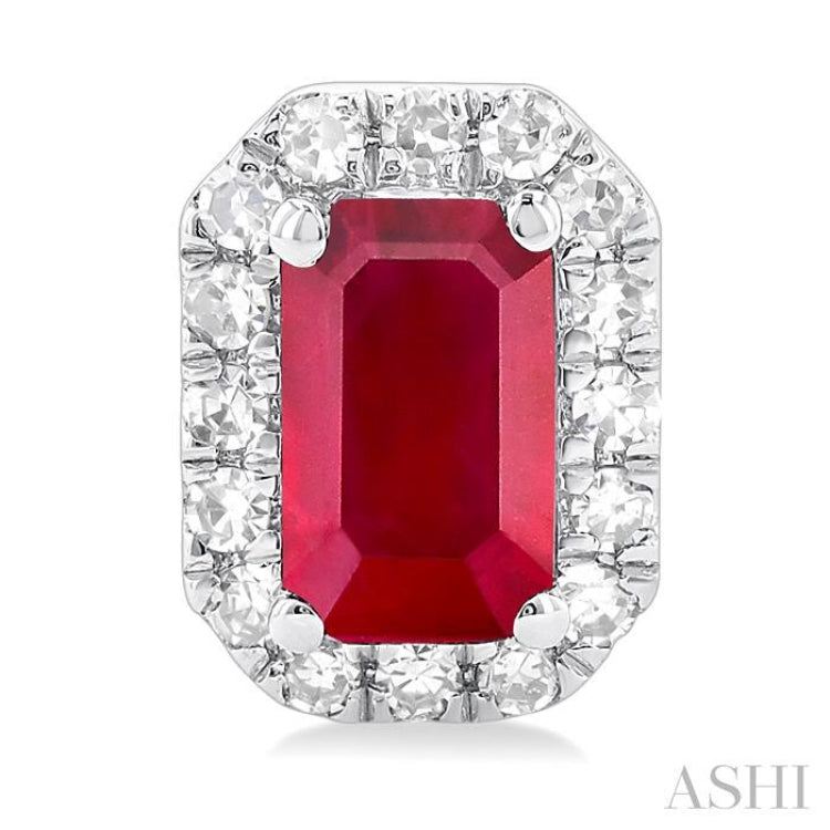 1/8 ctw Round Cut Diamond and 5X3MM Octagonal Shape Ruby Halo Precious Stud Earrings in 10K White Gold