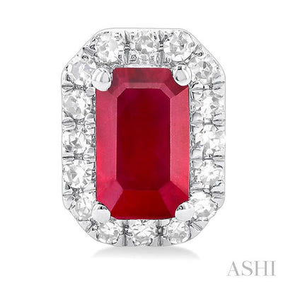 1/8 ctw Round Cut Diamond and 5X3MM Octagonal Shape Ruby Halo Precious Stud Earrings in 10K White Gold