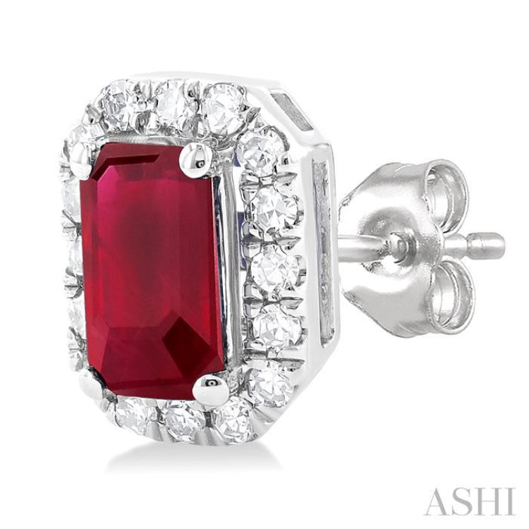 1/8 ctw Round Cut Diamond and 5X3MM Octagonal Shape Ruby Halo Precious Stud Earrings in 10K White Gold