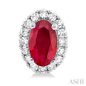 1/8 ctw Round Cut Diamond and 5X3MM Oval Shape Ruby Halo Precious Stud Earrings in 10K White Gold