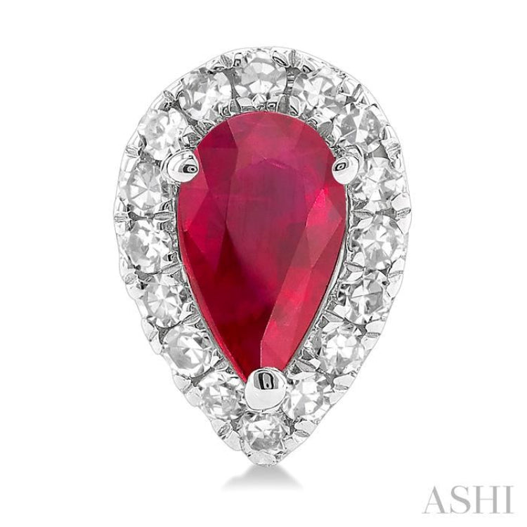1/8 ctw Round Cut Diamond and 5X3MM Pear Cut Ruby Halo Precious Stud Earrings in 10K White Gold