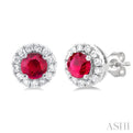 1/10 ctw Round Cut Diamond and 3.25MM Round Cut Ruby Halo Precious Stud Earrings in 10K White Gold