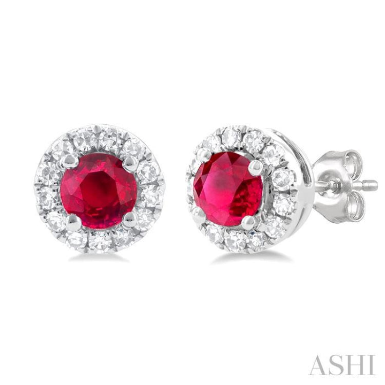 1/10 ctw Round Cut Diamond and 3.25MM Round Cut Ruby Halo Precious Stud Earrings in 10K White Gold