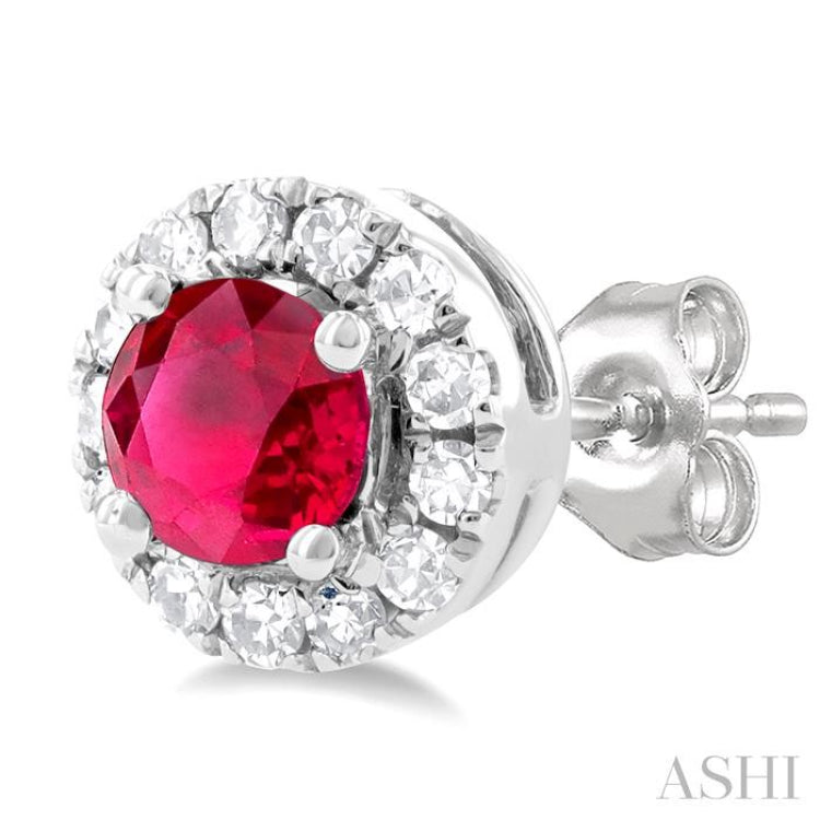 1/10 ctw Round Cut Diamond and 3.25MM Round Cut Ruby Halo Precious Stud Earrings in 10K White Gold