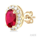 1/8 ctw Round Cut Diamond and 5X3MM Oval Shape Ruby Halo Precious Stud Earrings in 10K Yellow Gold