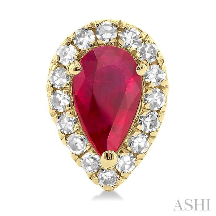 1/8 ctw Round Cut Diamond and 5X3MM Pear Cut Ruby Halo Precious Stud Earrings in 10K Yellow Gold