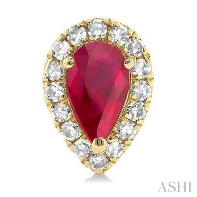 1/8 ctw Round Cut Diamond and 5X3MM Pear Cut Ruby Halo Precious Stud Earrings in 10K Yellow Gold