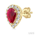 1/8 ctw Round Cut Diamond and 5X3MM Pear Cut Ruby Halo Precious Stud Earrings in 10K Yellow Gold