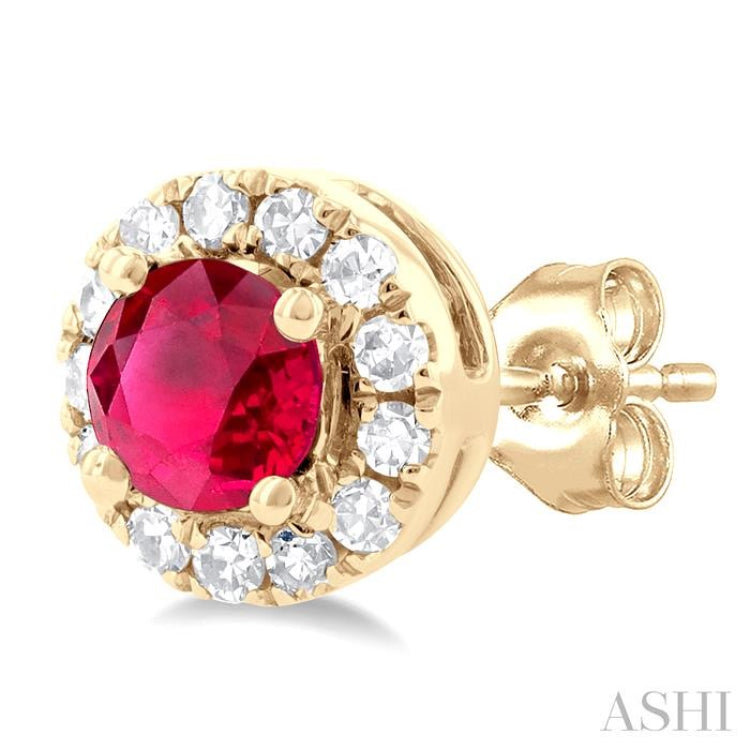 1/10 ctw Round Cut Diamond and 3.25MM Round Cut Ruby Halo Precious Stud Earrings in 10K Yellow Gold
