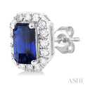 1/8 ctw Round Cut Diamond and 5X3MM Octagonal Shape Sapphire Halo Precious Stud Earrings in 10K White Gold