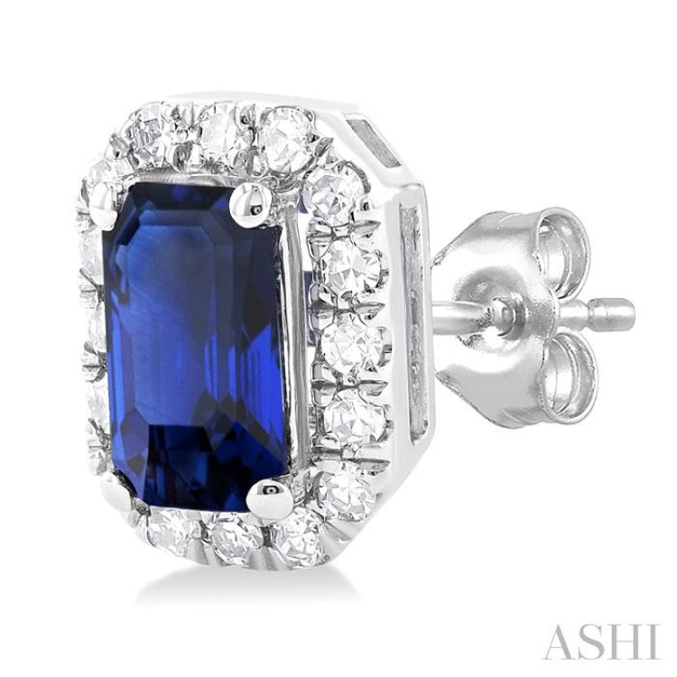 1/8 ctw Round Cut Diamond and 5X3MM Octagonal Shape Sapphire Halo Precious Stud Earrings in 10K White Gold