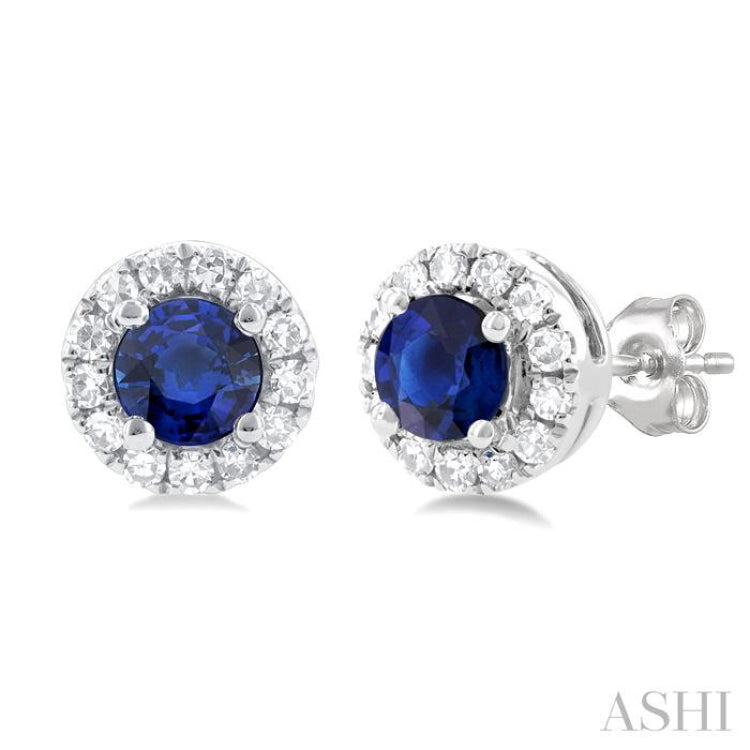 1/10 ctw Round Cut Diamond and 3.25MM Round Cut Sapphire Halo Precious Stud Earrings in 10K White Gold