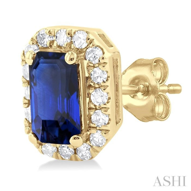 1/8 ctw Round Cut Diamond and 5X3MM Octagonal Shape Sapphire Halo Precious Stud Earrings in 10K Yellow Gold