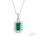1/20 ctw Round Cut Diamond and 5X3MM Octagonal Shape Emerald Halo Precious Pendant with Chain in 14K White Gold
