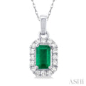 1/20 ctw Round Cut Diamond and 5X3MM Octagonal Shape Emerald Halo Precious Pendant with Chain in 14K White Gold