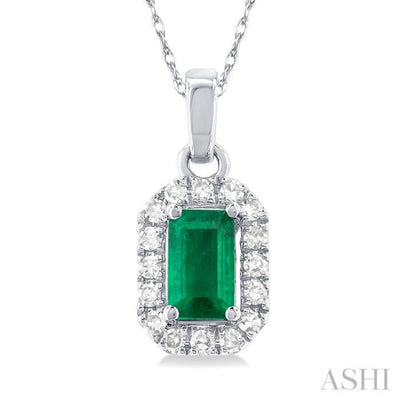 1/20 ctw Round Cut Diamond and 5X3MM Octagonal Shape Emerald Halo Precious Pendant with Chain in 14K White Gold