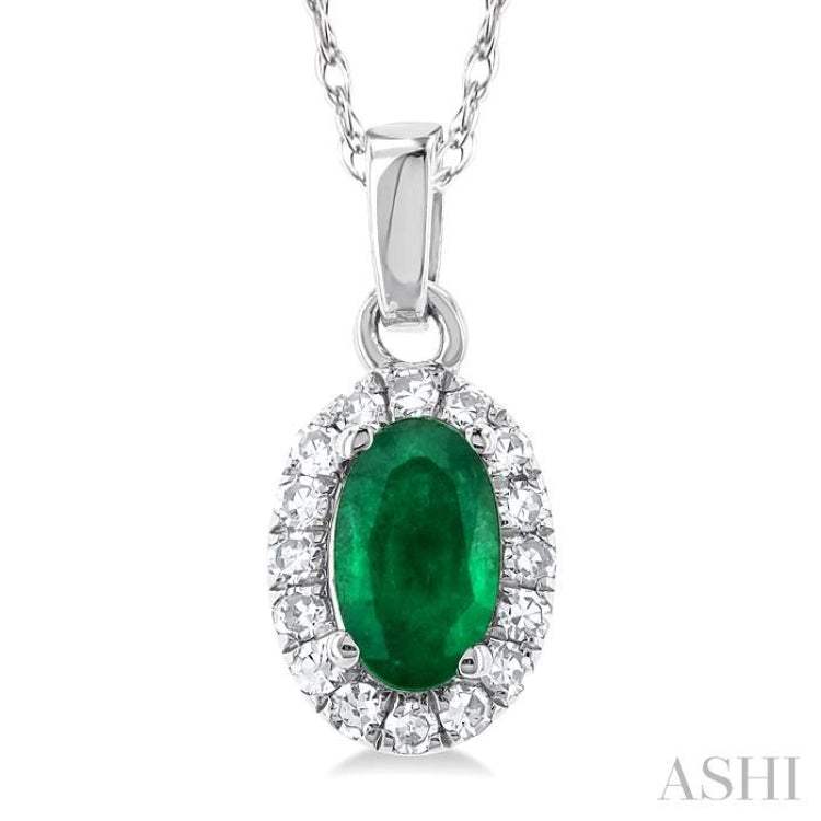 1/20 ctw Round Cut Diamond and 5X3MM Oval Shape Emerald Halo Precious Pendant with Chain in 14K White Gold