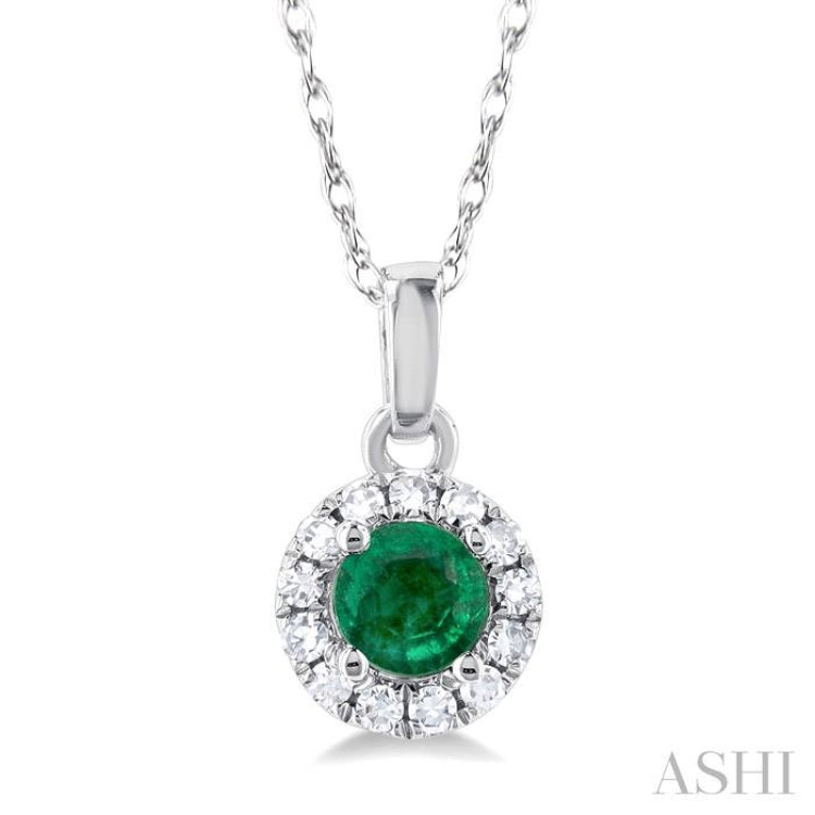 1/20 ctw Round Cut Diamond and 3.25MM Round Cut Emerald Halo Precious Pendant with Chain in 14K White Gold