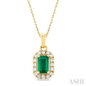 1/20 ctw Round Cut Diamond and 5X3MM Octagonal Shape Emerald Halo Precious Pendant with Chain in 14K Yellow Gold