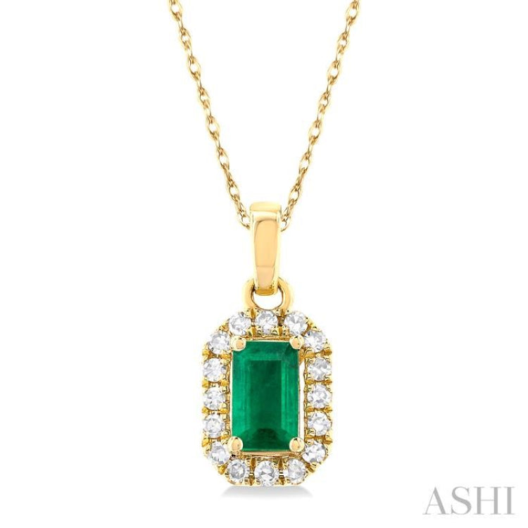1/20 ctw Round Cut Diamond and 5X3MM Octagonal Shape Emerald Halo Precious Pendant with Chain in 14K Yellow Gold