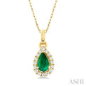 1/20 ctw Round Cut Diamond and 5X3MM Pear Shape Emerald Halo Precious Pendant with Chain in 14K Yellow Gold
