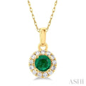 1/20 ctw Round Cut Diamond and 3.25MM Round Cut Emerald Halo Precious Pendant with Chain in 14K Yellow Gold