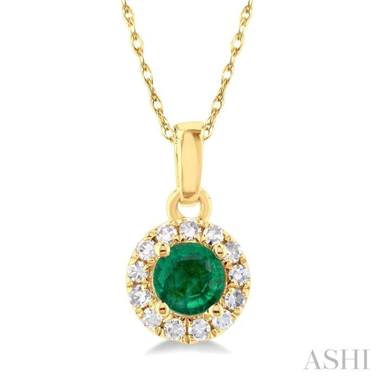 1/20 ctw Round Cut Diamond and 3.25MM Round Cut Emerald Halo Precious Pendant with Chain in 14K Yellow Gold