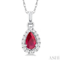 1/20 ctw Round Cut Diamond and 5X3MM Pear Shape Ruby Halo Precious Pendant with Chain in 14K White Gold