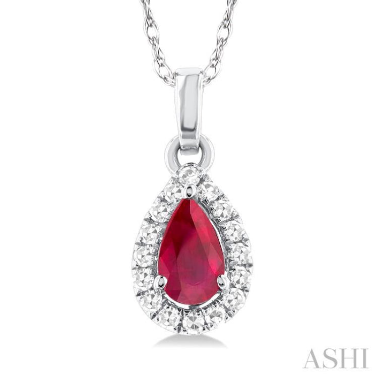 1/20 ctw Round Cut Diamond and 5X3MM Pear Shape Ruby Halo Precious Pendant with Chain in 14K White Gold