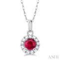 1/20 ctw Round Cut Diamond and 3.25MM Round Cut Ruby Halo Precious Pendant with Chain in 14K White Gold