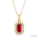 1/20 ctw Round Cut Diamond and 5X3MM Octagonal Shape Ruby Halo Precious Pendant with Chain in 14K Yellow Gold