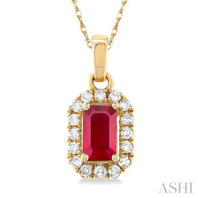 1/20 ctw Round Cut Diamond and 5X3MM Octagonal Shape Ruby Halo Precious Pendant with Chain in 14K Yellow Gold
