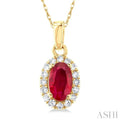 1/20 ctw Round Cut Diamond and 5X3MM Oval Shape Ruby Halo Precious Pendant with Chain in 14K Yellow Gold