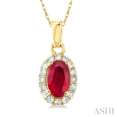 1/20 ctw Round Cut Diamond and 5X3MM Oval Shape Ruby Halo Precious Pendant with Chain in 14K Yellow Gold