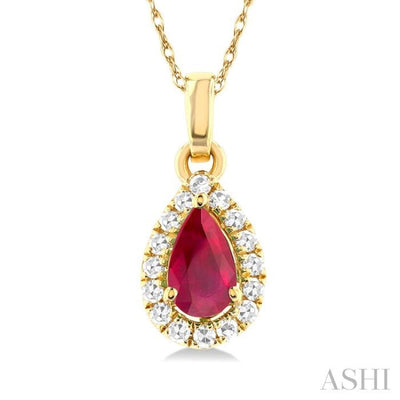 1/20 ctw Round Cut Diamond and 5X3MM Pear Shape Ruby Halo Precious Pendant with Chain in 14K Yellow Gold