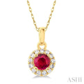 1/20 ctw Round Cut Diamond and 3.25MM Round Cut Ruby Halo Precious Pendant with Chain in 14K Yellow Gold