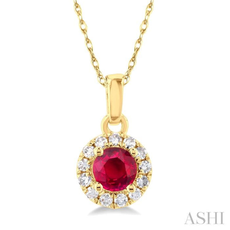 1/20 ctw Round Cut Diamond and 3.25MM Round Cut Ruby Halo Precious Pendant with Chain in 14K Yellow Gold