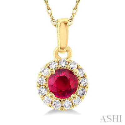 1/20 ctw Round Cut Diamond and 3.25MM Round Cut Ruby Halo Precious Pendant with Chain in 14K Yellow Gold