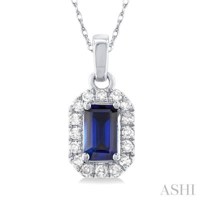 1/20 ctw Round Cut Diamond and 5X3MM Octagonal Shape Sapphire Halo Precious Pendant with Chain in 14K White Gold