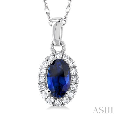 1/20 ctw Round Cut Diamond and 5X3MM Oval Shape Sapphire Halo Precious Pendant with Chain in 14K White Gold
