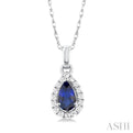1/20 ctw Round Cut Diamond and 5X3MM Pear Shape Sapphire Halo Precious Pendant with Chain in 14K White Gold