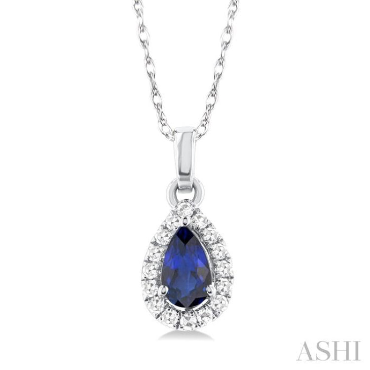 1/20 ctw Round Cut Diamond and 5X3MM Pear Shape Sapphire Halo Precious Pendant with Chain in 14K White Gold