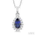 1/20 ctw Round Cut Diamond and 5X3MM Pear Shape Sapphire Halo Precious Pendant with Chain in 14K White Gold