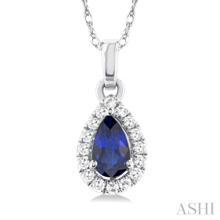 1/20 ctw Round Cut Diamond and 5X3MM Pear Shape Sapphire Halo Precious Pendant with Chain in 14K White Gold